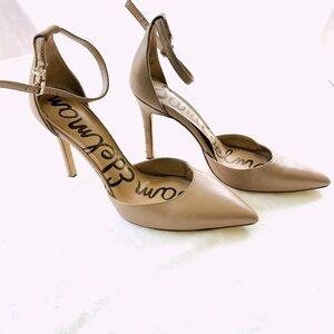 Sam Edelman Nude Leather Stiletto Pointed Toe Ankle Strap Heels Sz 9M